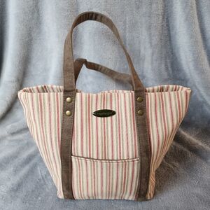 Longaberger 100% Cotton Small Red Green Tan Faux Suede Striped Tote Purse Bag